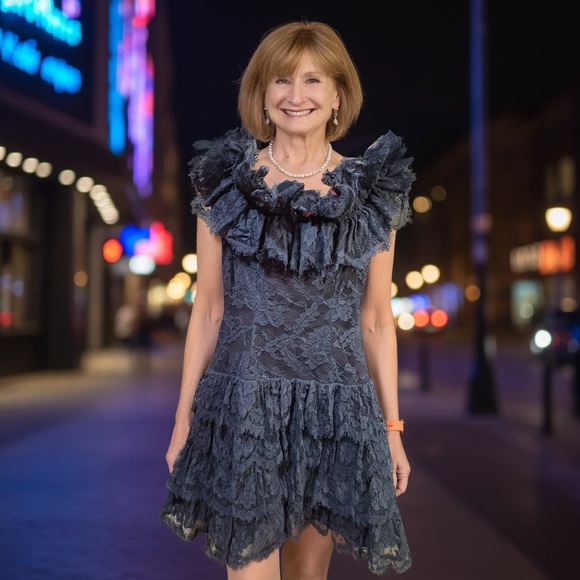 Vintage glamorous design navy lace dress by Scassi for NeimanMarcus